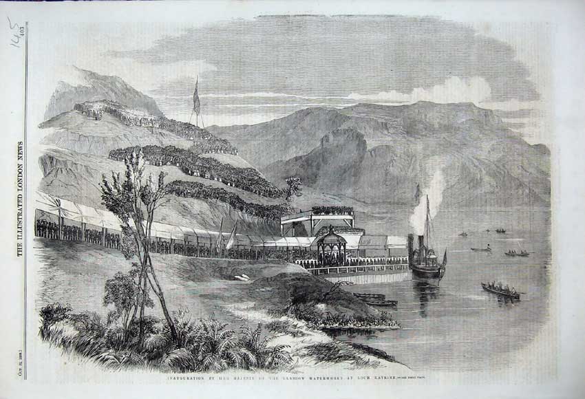 Original Old Antique Print Queen Glasgow Waterworks 1859 Loch Katrine Mountains