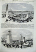 Old Antique Print 1859 Holyhead Great Eastern Ship Pier Monument Skinner 19th
