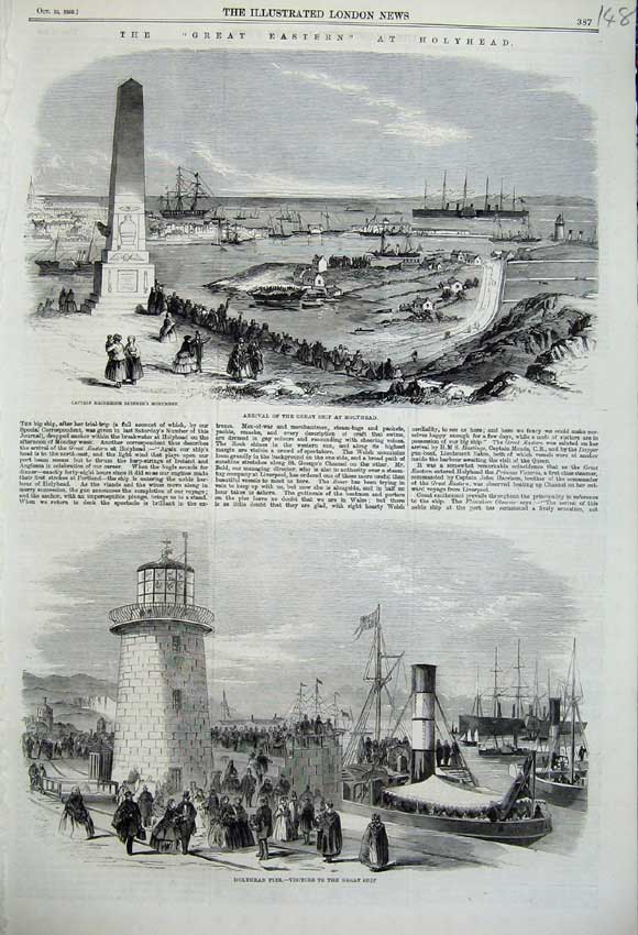Old Antique Print 1859 Holyhead Great Eastern Ship Pier Monument Skinner 19th