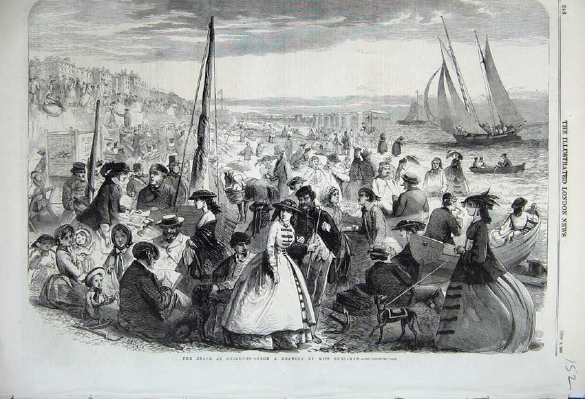 Old Antique Print 1859 Beach Brighton People Sailing Yacht Ship Families 19th