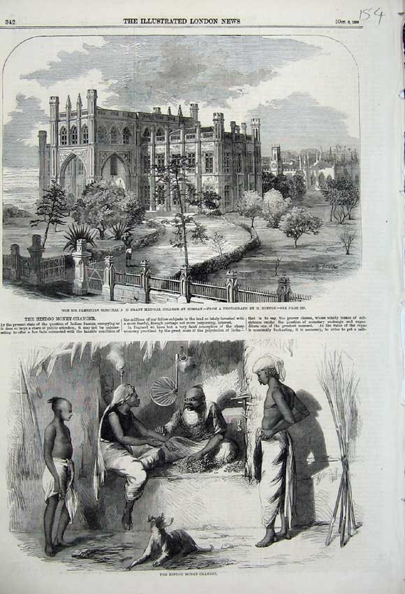 Original Old Antique Print 1859 Hindoo Money-Changer Jamsetjee Hospital Bombay