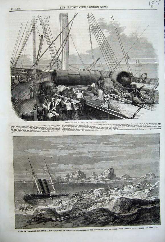 Old Antique Print 1859 Great Eastern Ship Wreck Jersey Mail Steam Express 19th