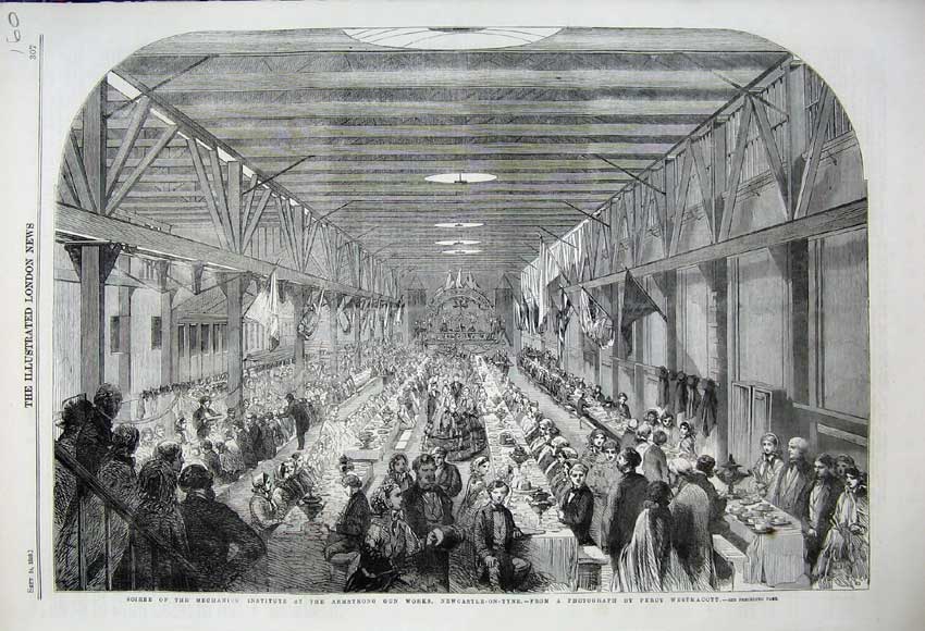 Original Old Antique Print 1859 Soiree Mechanics Armstrong Gun Works Newcastle