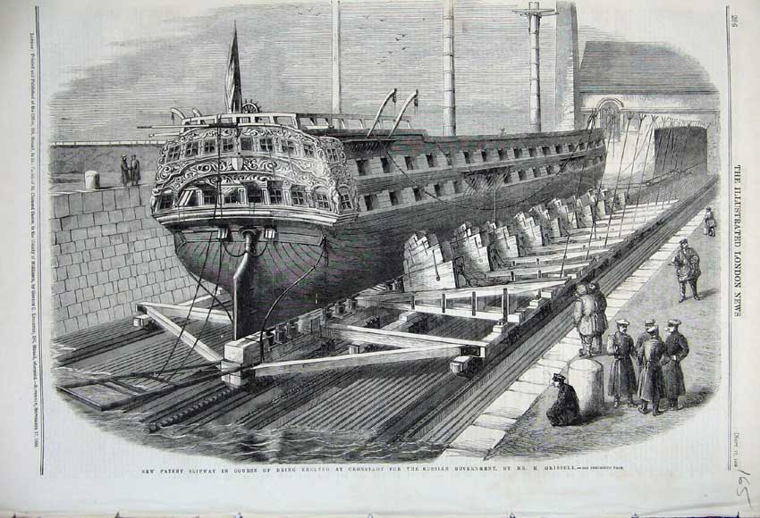 Old Antique Print 1859 Slipway Cronstadt Russian Government Ship Grissell 19th