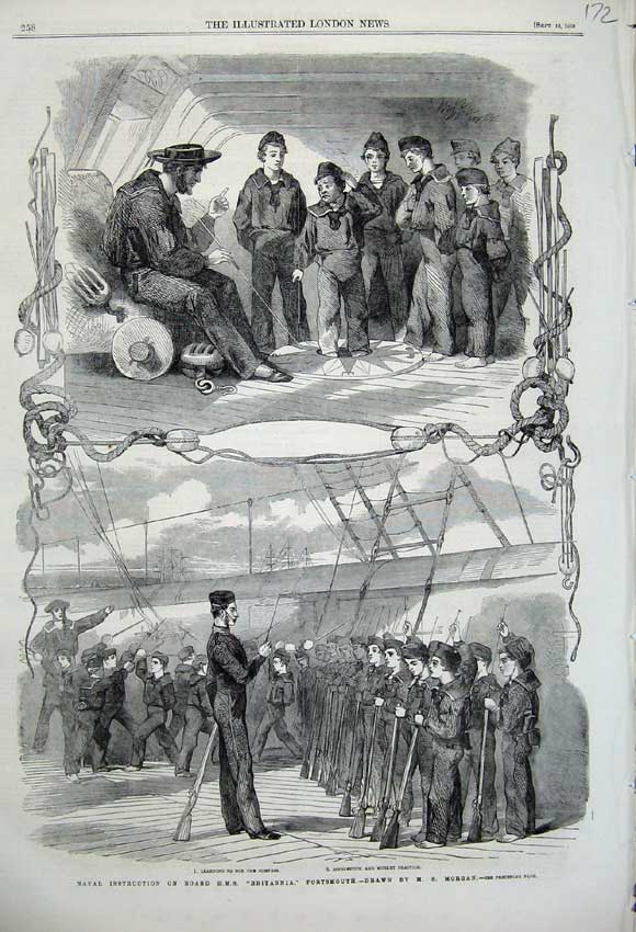 Old Antique Print 1859 Naval Instruction H. M. S Britannia Portsmouth Men 19th