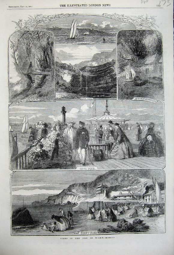 Old Antique Print 1859 View Isle Wight Ryde Pier Ventnor Shanklin Yacht 19th