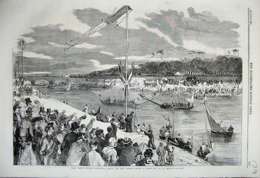 Old Antique Print 1859 Paris Fetes Oriental Joust River Seine Boats Flag 19th