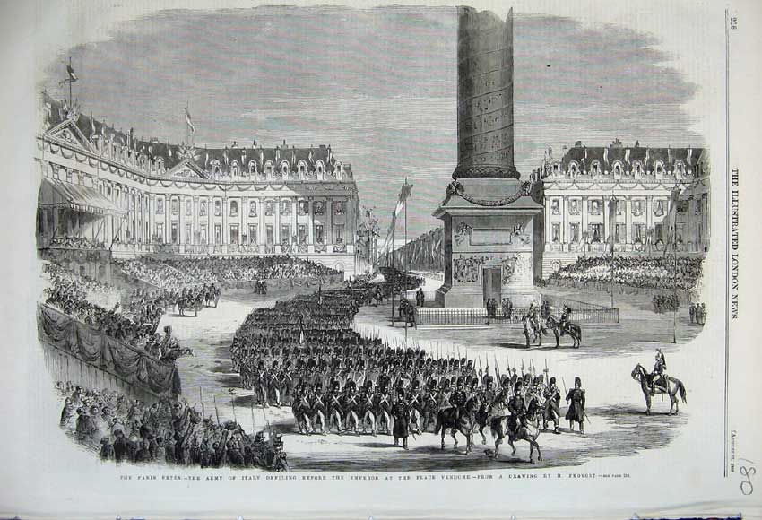 Old Antique Print 1859 Paris Fetes Army Italy Army Emperor Palace Vendome 19th