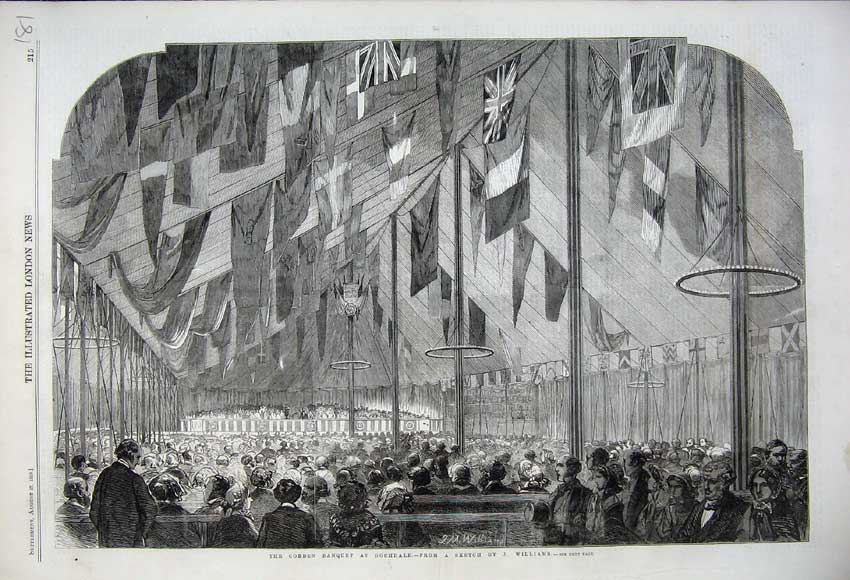 Old Antique Print 1859 Cobden Banquet Rochdale Tent Flags People Williams 19th