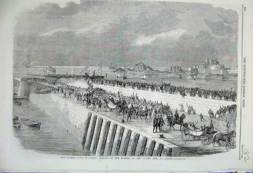 Original Old Antique Print 1859 Queen Jersey Coach Albert Pier St Helier Ship
