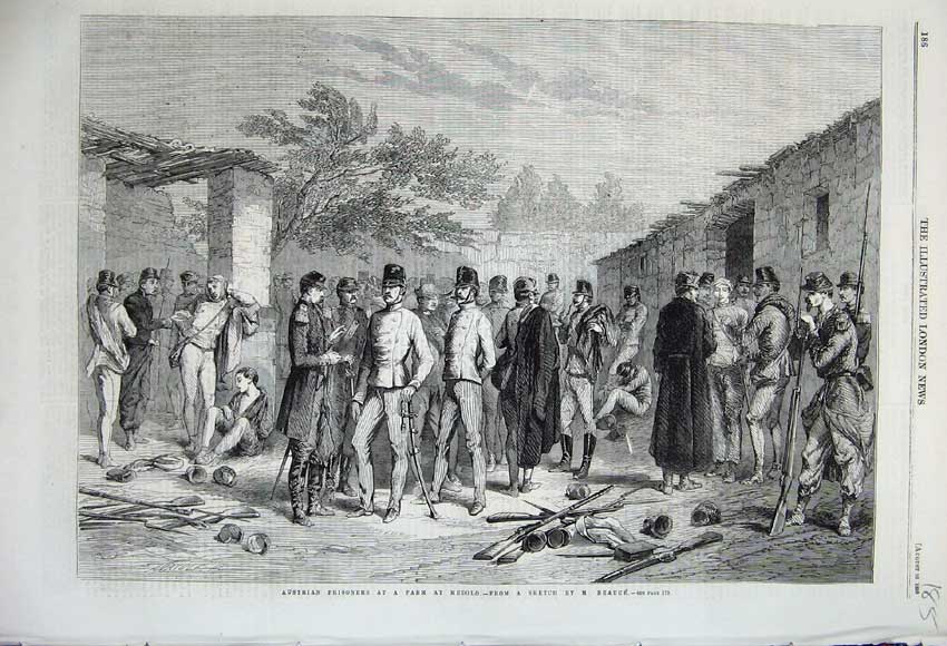 Original Old Antique Print 1859 Austrian Prisoners Farm Medolo Siers Beauce