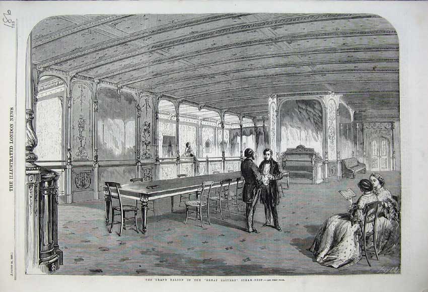 Original Old Antique Print 1859 Grand Saloon Great Eastern Steam Ship Sailing