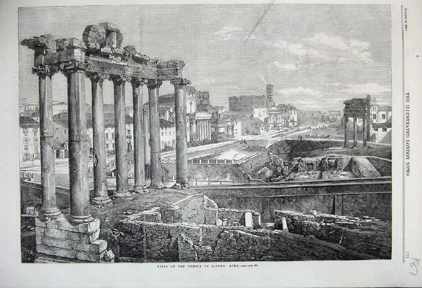 Original Old Antique Print 1859 Ruins Temple Saturn Rome Buildings Architecture