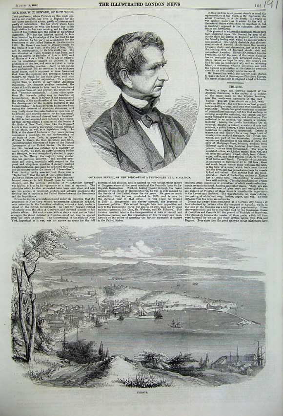 Old Antique Print 1859 Portrait Governor Seward New York Trieste Harbour 19th