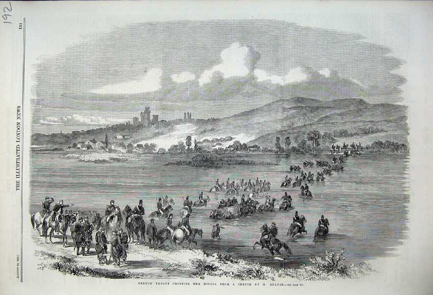 Original Old Antique Print 1859 French Troops Crossing River Mincio Mountains