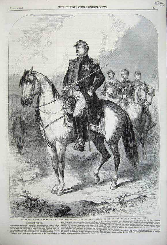 Original Old Antique Print 1859 General Vinoy Commander French Army Italy War