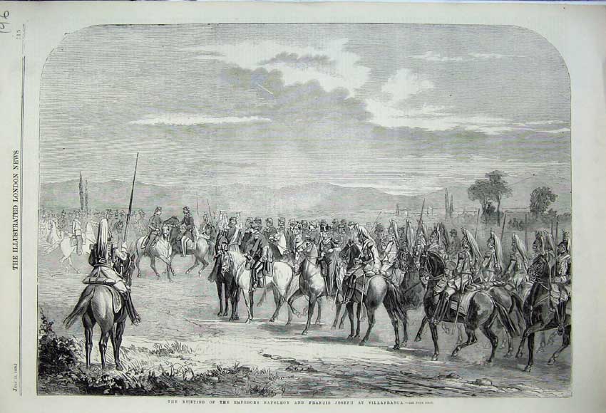 Old Antique Print 1859 Emperors Napoleon Francis Joseph Villafranca War 19th