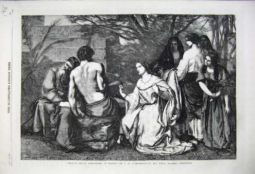 Old Antique Print Delilah Asking Frogiveness Samson 1859 Bible Pickersgil 19th