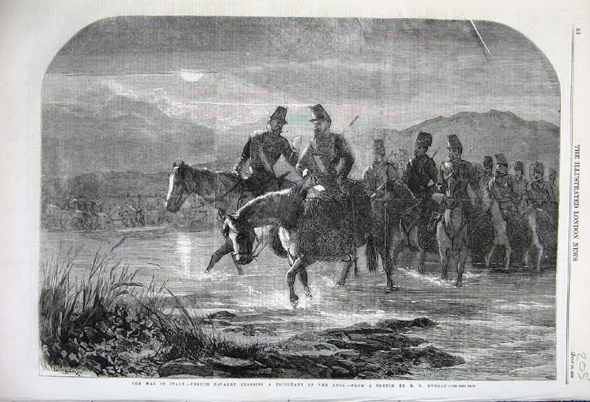 Old Antique Print 1859 War Italy French Cavlary Horse Tributary Adda Army 19th