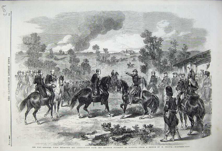 Original Old Antique Print 1859 War General Vinoy Emperor Napoleon Magenta Army
