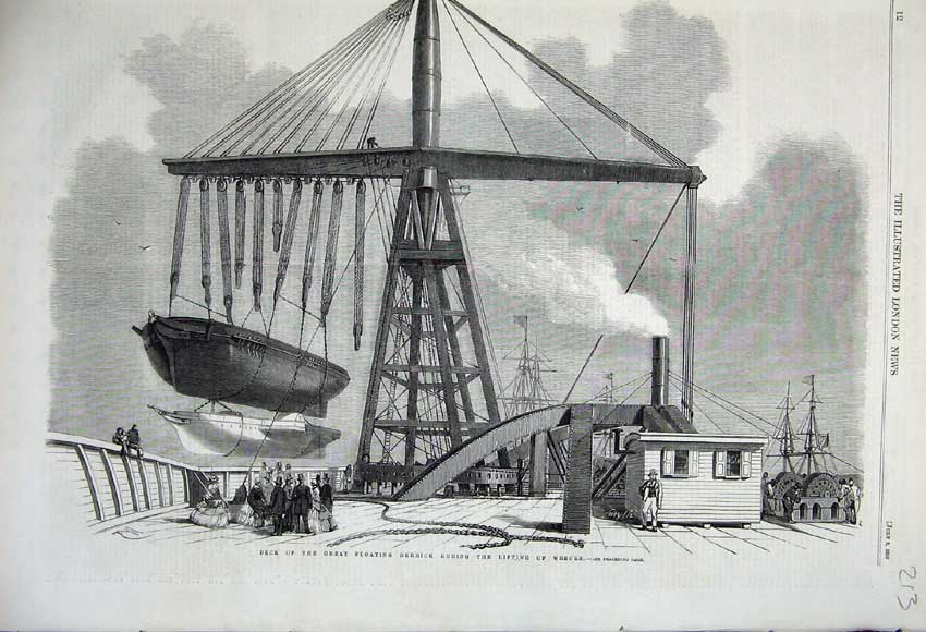 Old Antique Print 1859 Deck Great Floating Derrick Lifting Wrecks Ships 19th