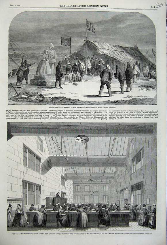 Old Antique Print 1859 Christmas Antarctic Telegraphing Room Bell Alley 19th