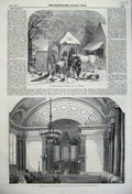 Old Antique Print 1859 Strawyard Christmas Church Saltaire Interior Pews 19th