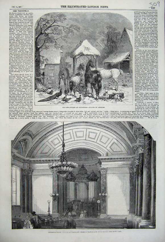 Old Antique Print 1859 Strawyard Christmas Church Saltaire Interior Pews 19th