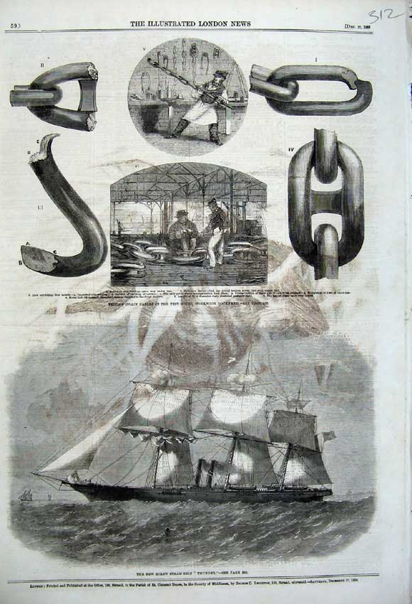 Old Antique Print 1859 New Screw Steam Ship Thunder Test-House Dockyard 19th