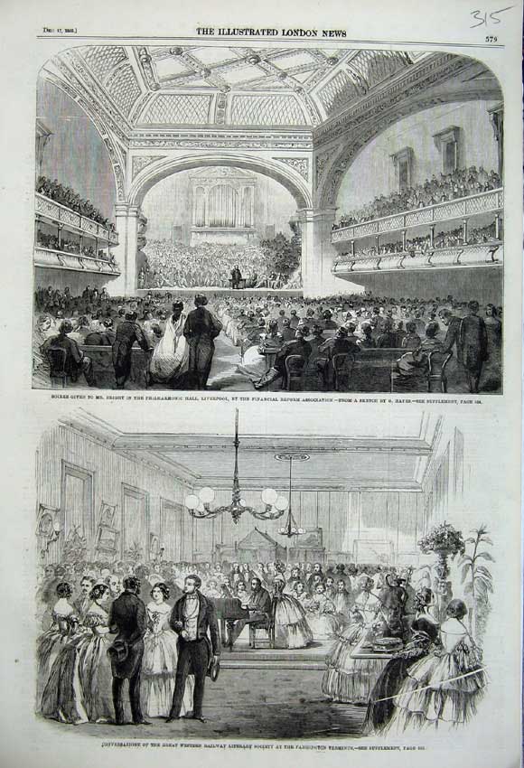 Original Old Antique Print 1859 Philharmonic Hall Liverpool Paddington Terminus