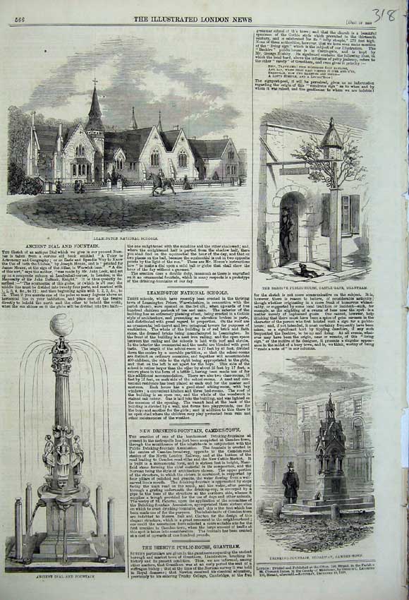 Original Old Antique Print 1859 Leamington School Fountain Beehive Public House