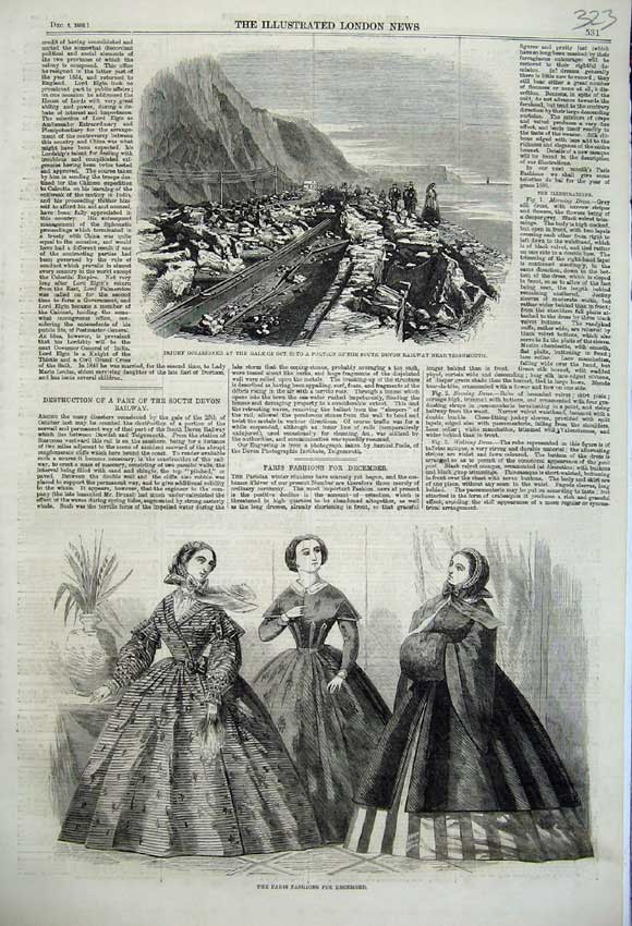 Old Antique Print Paris Fashion 1859 Devon Railway Destruction Storm Gale 19th
