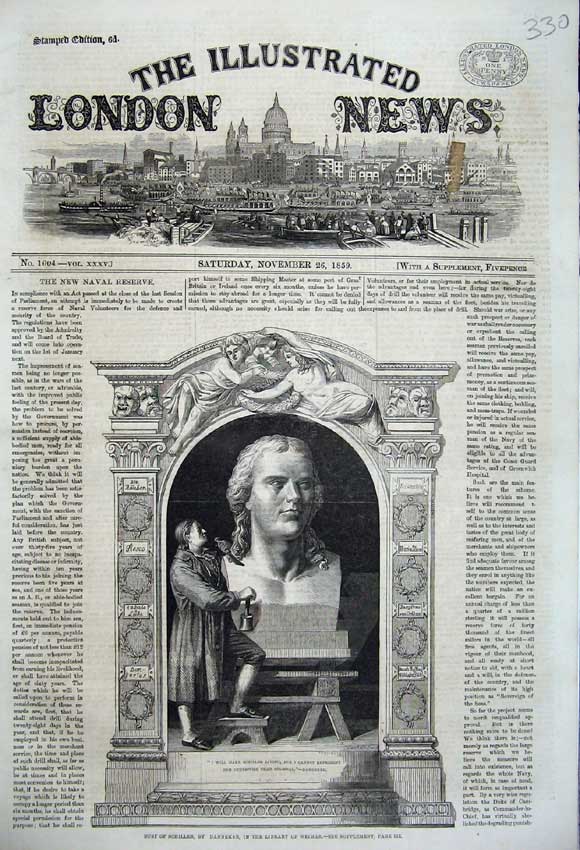 Original Old Antique Print Bust Schiller Danneker Library Weimar 1859 Amtique