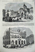 Original Old Antique Print 1859 Townhall Piacenza Square Cortes Madrid Spain
