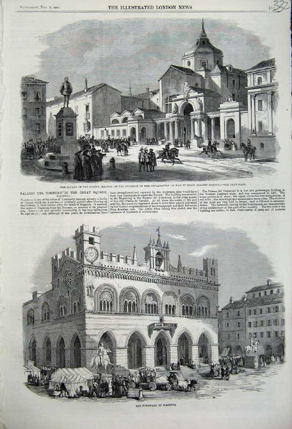 Original Old Antique Print 1859 Townhall Piacenza Square Cortes Madrid Spain
