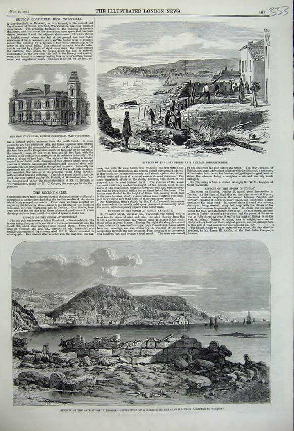 Original Old Antique Print Storm Torbay Seawall 1859 Minhead Townhall Sutton