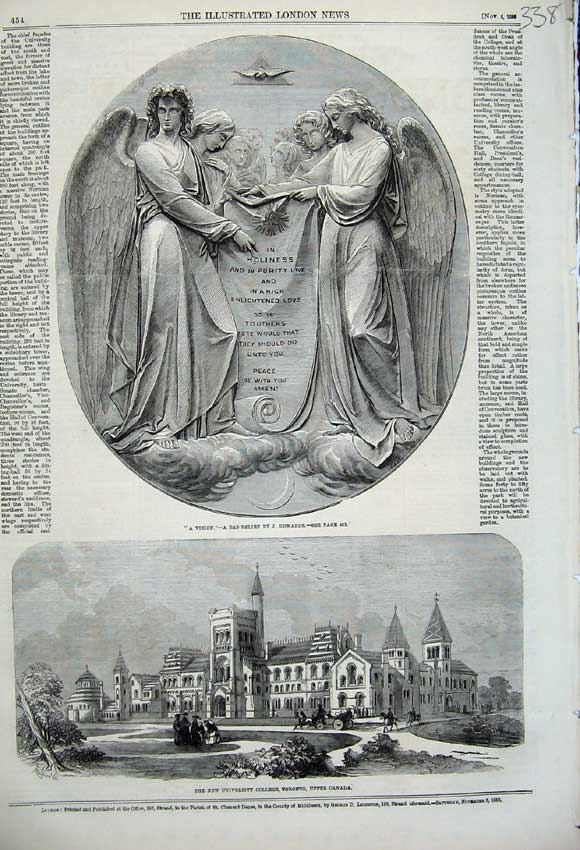 Original Old Antique Print University College Toronto Canada 1859 Bas-Relief