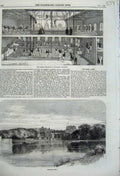 Original Old Antique Print Oxford Gymnasium 1859 Newstead Abbey Church Lake