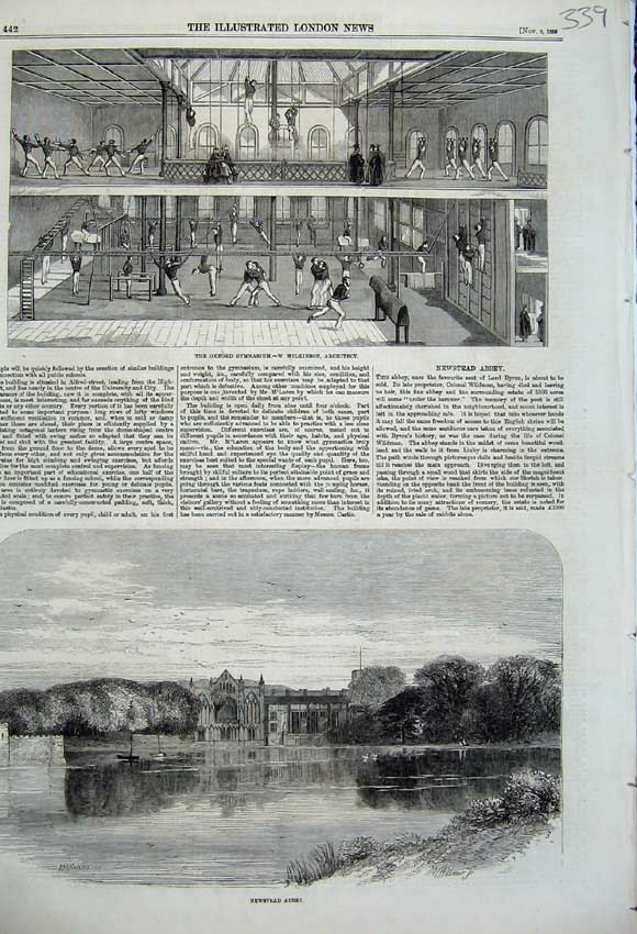 Original Old Antique Print Oxford Gymnasium 1859 Newstead Abbey Church Lake