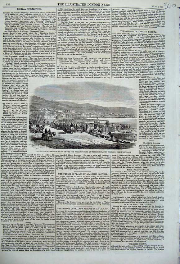 Original Old Antique Print 1859 Foundation Stone Odd Fellows Hall New Zealand