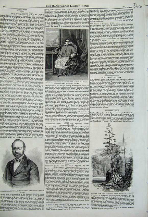 Old Antique Print 1859 Count Minerva Aloe Plant Guernsey Antonelli Pius 19th