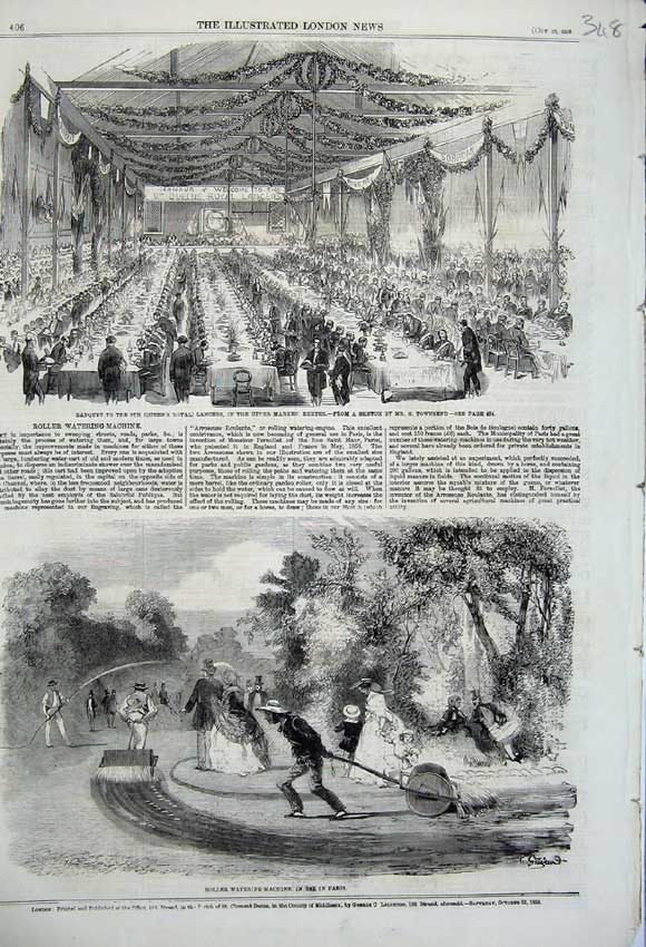 Old Antique Print 1859 Watering Machine Paris Banquet Market Exeter Food 19th
