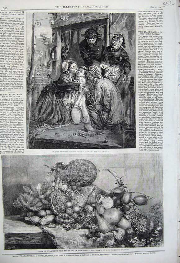 Original Old Antique Print 1859 Indian Fruit Island Java French Peasants Child