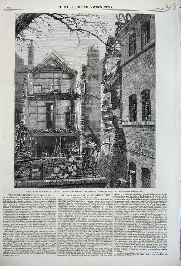 Old Antique Print 1859 Fatal Explosion Birmingham Ruins Buildings Houses 19th