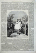 Old Antique Print 1859 Little Girl Children Wooden Bridge Trees Country 19th