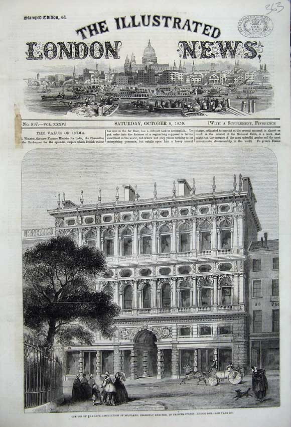Old Antique Print 1859 Offices Life Association Scotland Edinburgh People 19th