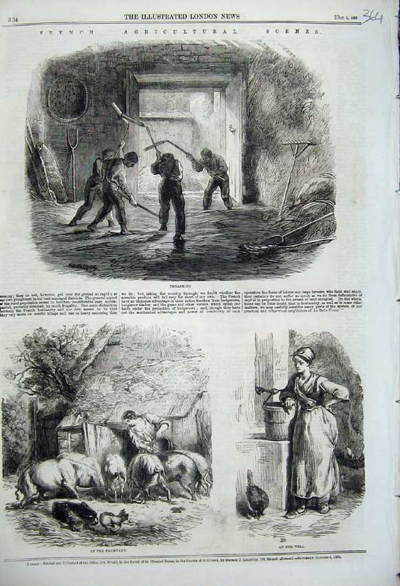Old Antique Print 1859 Agricultural Thrasing France Farmyard Well Chicken 19th