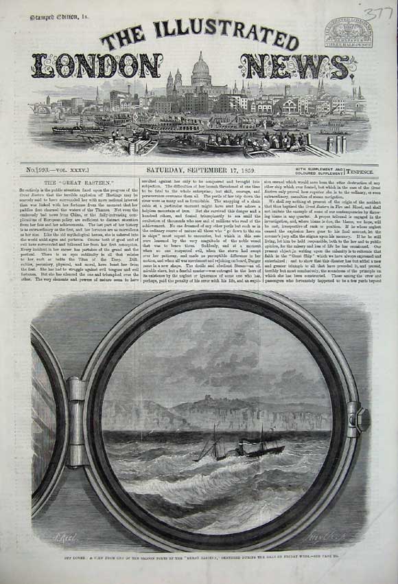 Original Old Antique Print 1859 Dover Saloon Port Great Eastern Steam Ship Sea