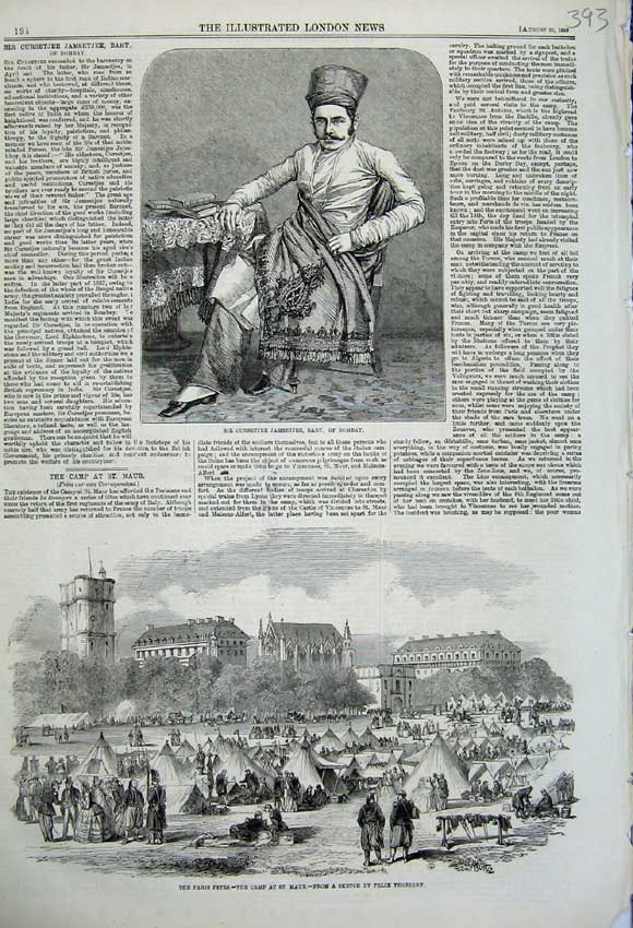 Original Old Antique Print 1859 Cursetjee Jamsetjee Bombay Paris Fete Camp Maur