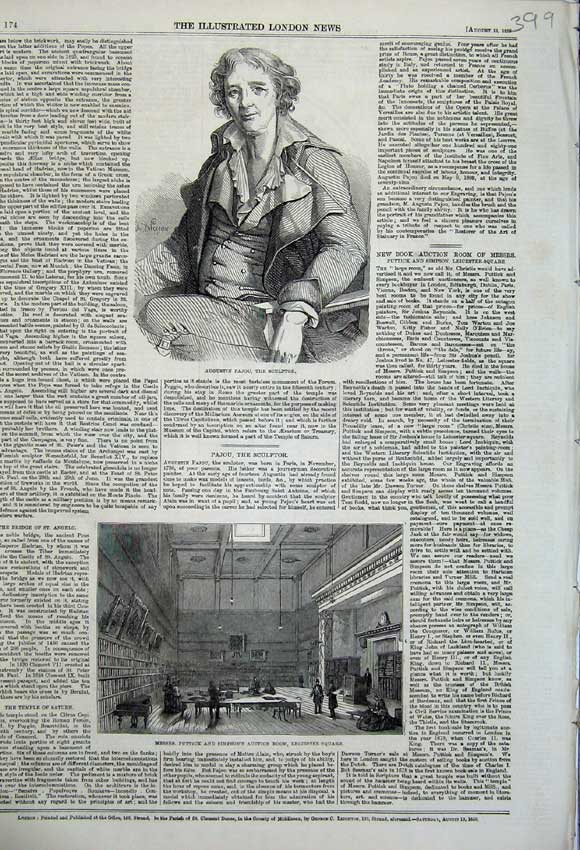 Old Antique Print 1859 Augustin Pajou Sculptor Man Puttick Auction Room 19th